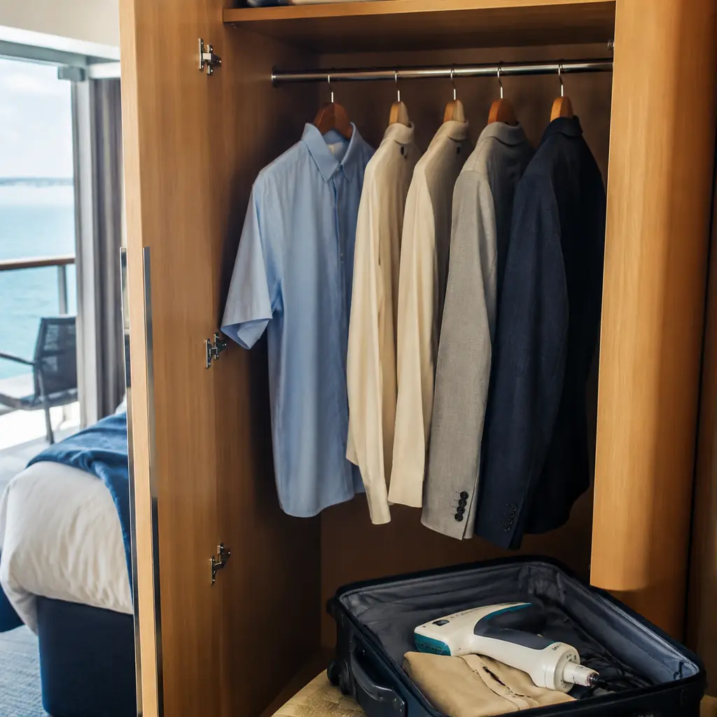 cruise cabin wardrobe with wrinkle resistant clothes hanging neatly while a prohibited travel steamer remains unpacked, 