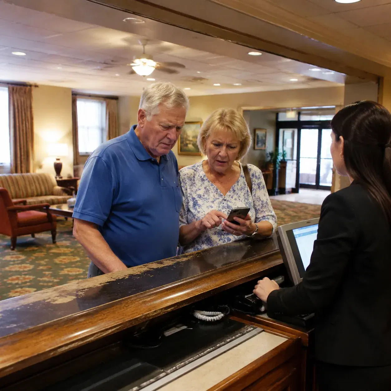 Dated Best Western hotel lobby with worn carpet, mismatched furniture, aging reception desk, older American couple at ch