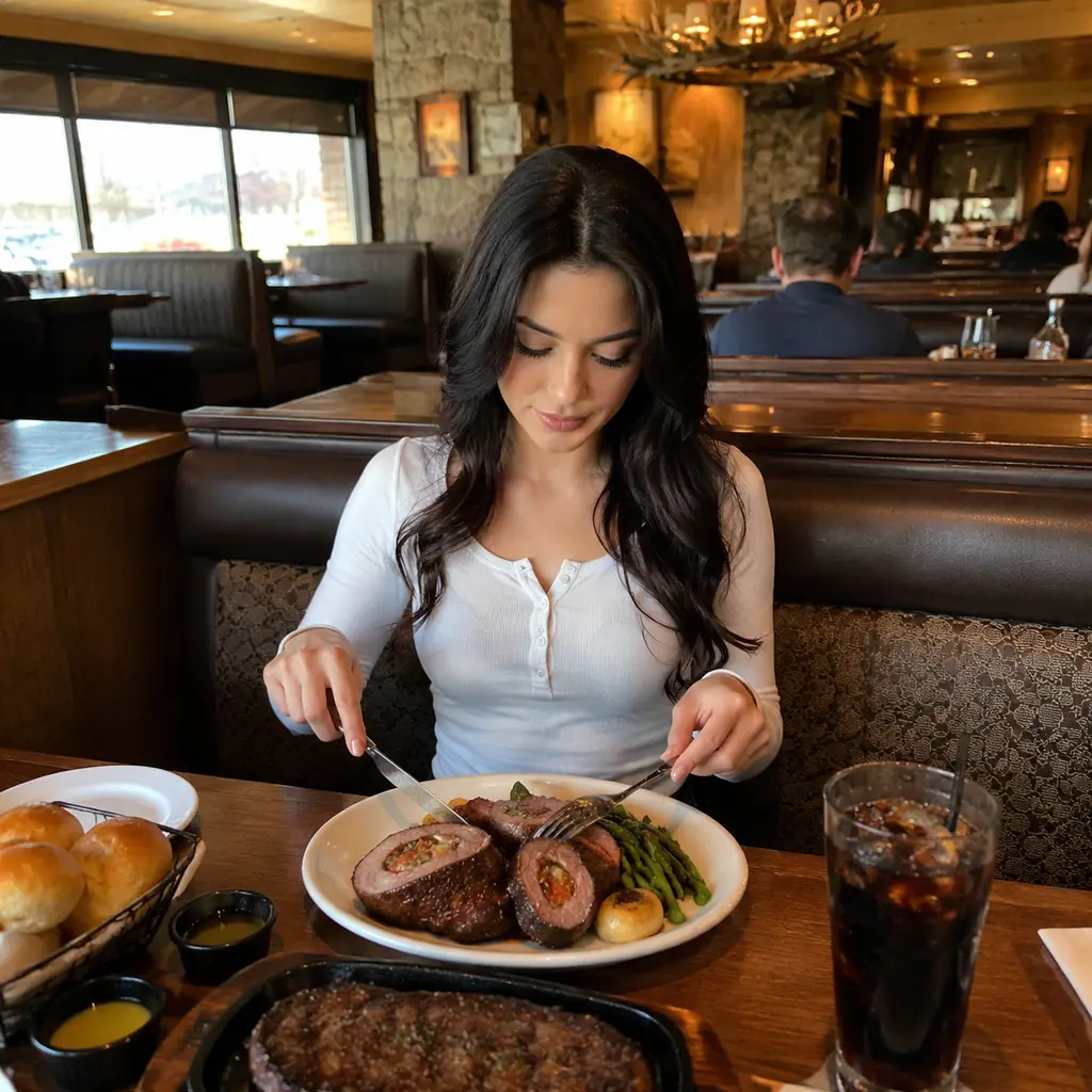 lively generic steakhouse near highway hotels with grilled steak rolls and vegetables no logos, realistic travel editori