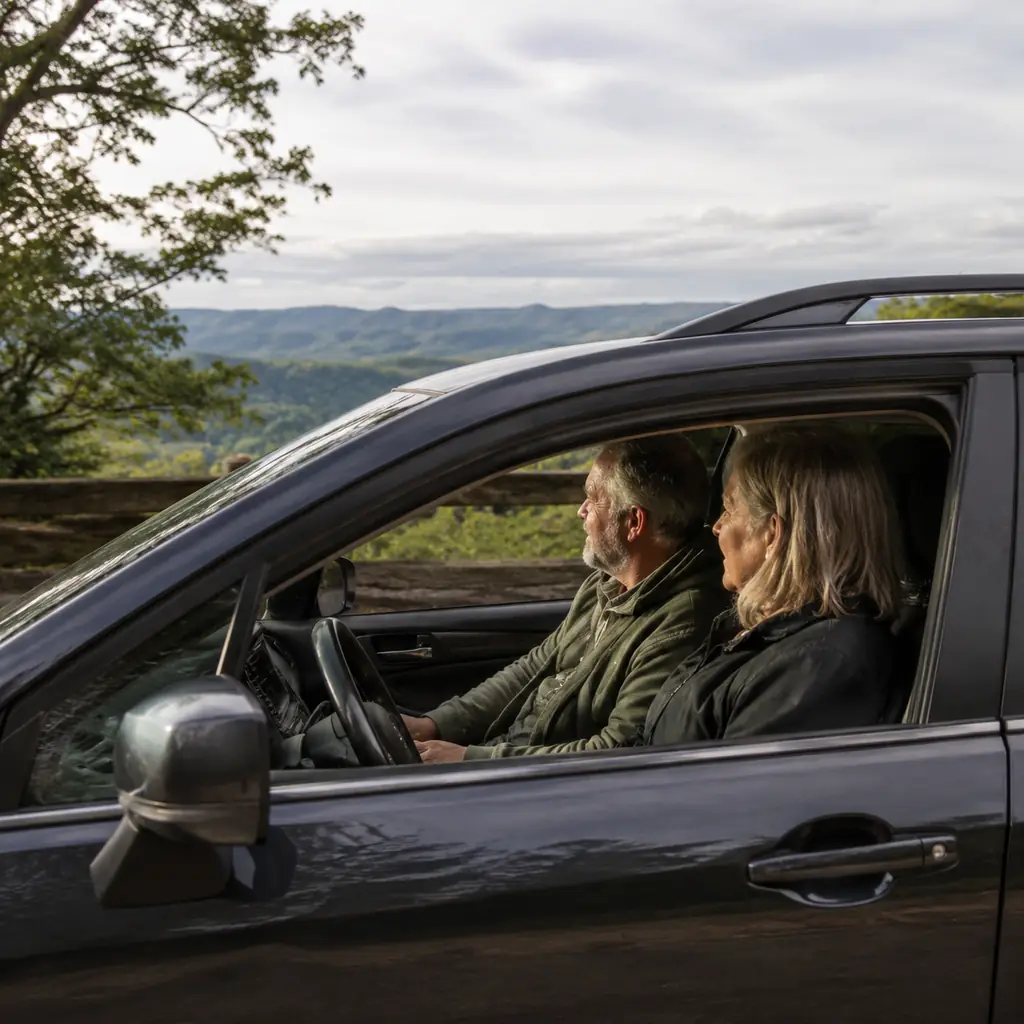 mature travelers in a parked car at an Ozark forest overlook along the Pig Trail Arkansas, realistic travel editorial ph