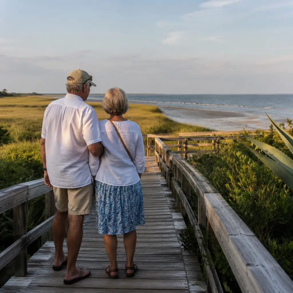 older couple on a quiet wooden beach access at Pawleys Island South Carolina with marsh grass nearby, realistic travel e