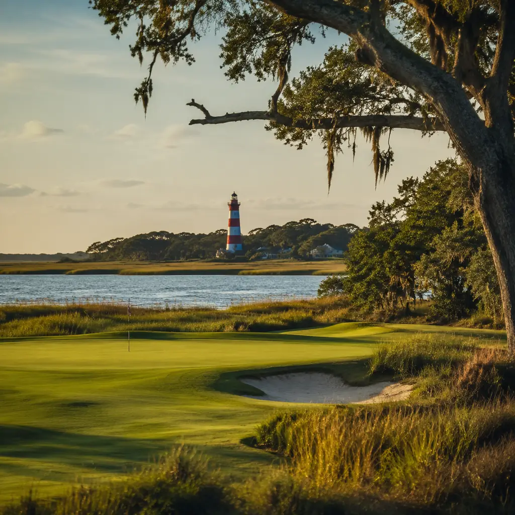 Realistic editorial photo of a coastal South Carolina golf hole with live oaks, marsh grass, red and white lighthouse fa