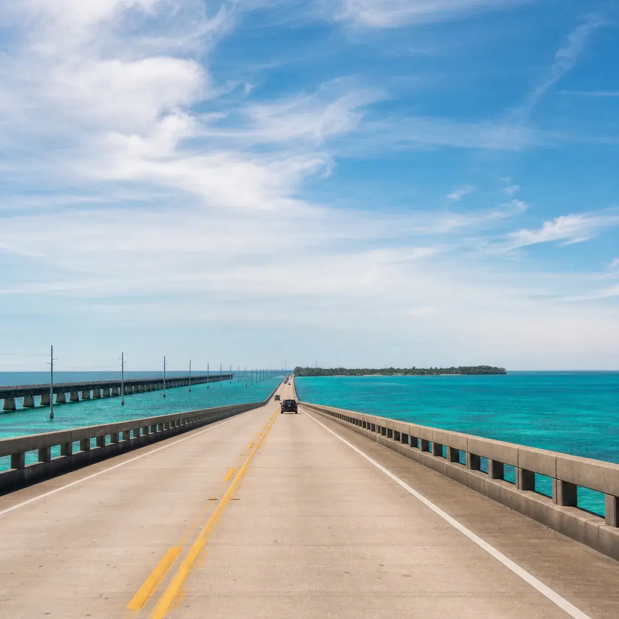 Realistic editorial photo of a long bridge road over turquoise Florida Keys water with a bright sky, relaxed coastal roa