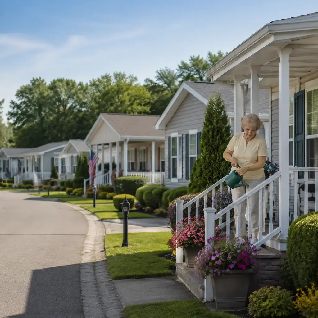 Realistic editorial photo of a neat 55 plus manufactured home community in southeastern Massachusetts with single-story 