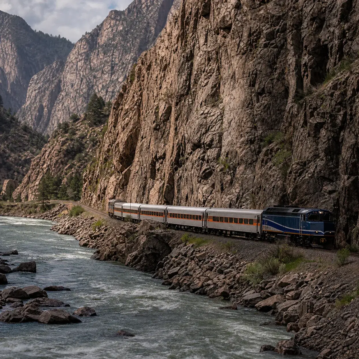 Realistic editorial photo of a passenger train traveling through Colorado's Royal Gorge beside the Arkansas River with s