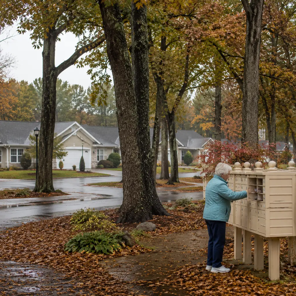 Realistic editorial photo of a Pennsylvania retirement community of patio homes among tall oak trees with wet leaves on