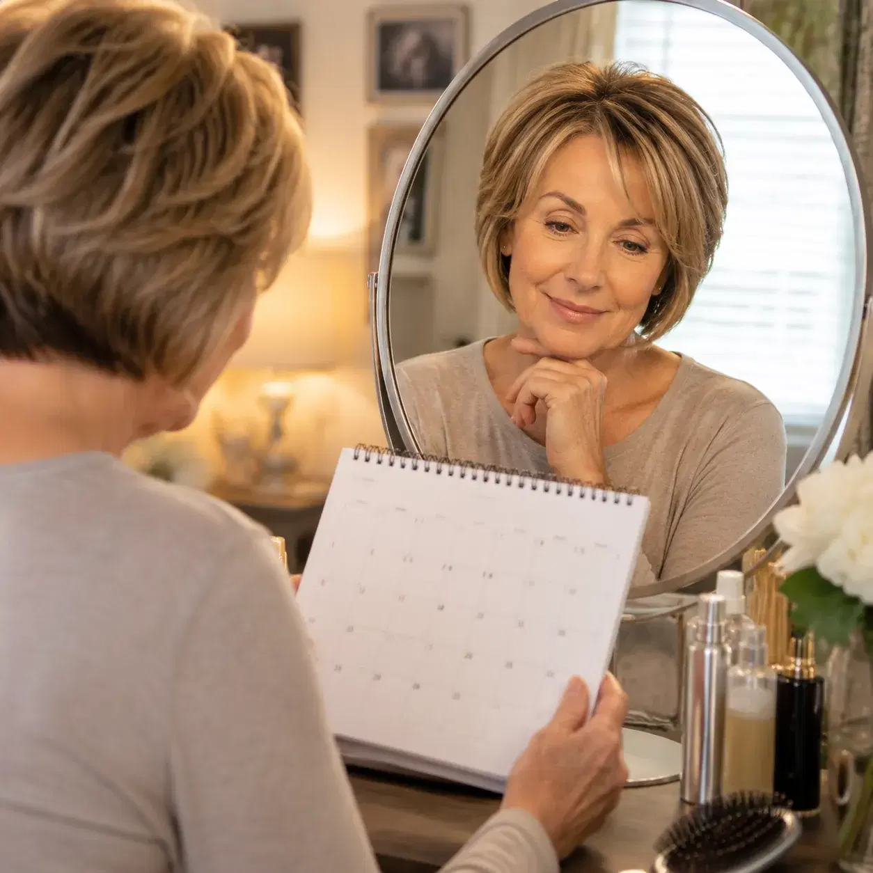Realistic editorial photo of a woman over 50 looking at a calendar and a new haircut in a vanity mirror before an upcomi