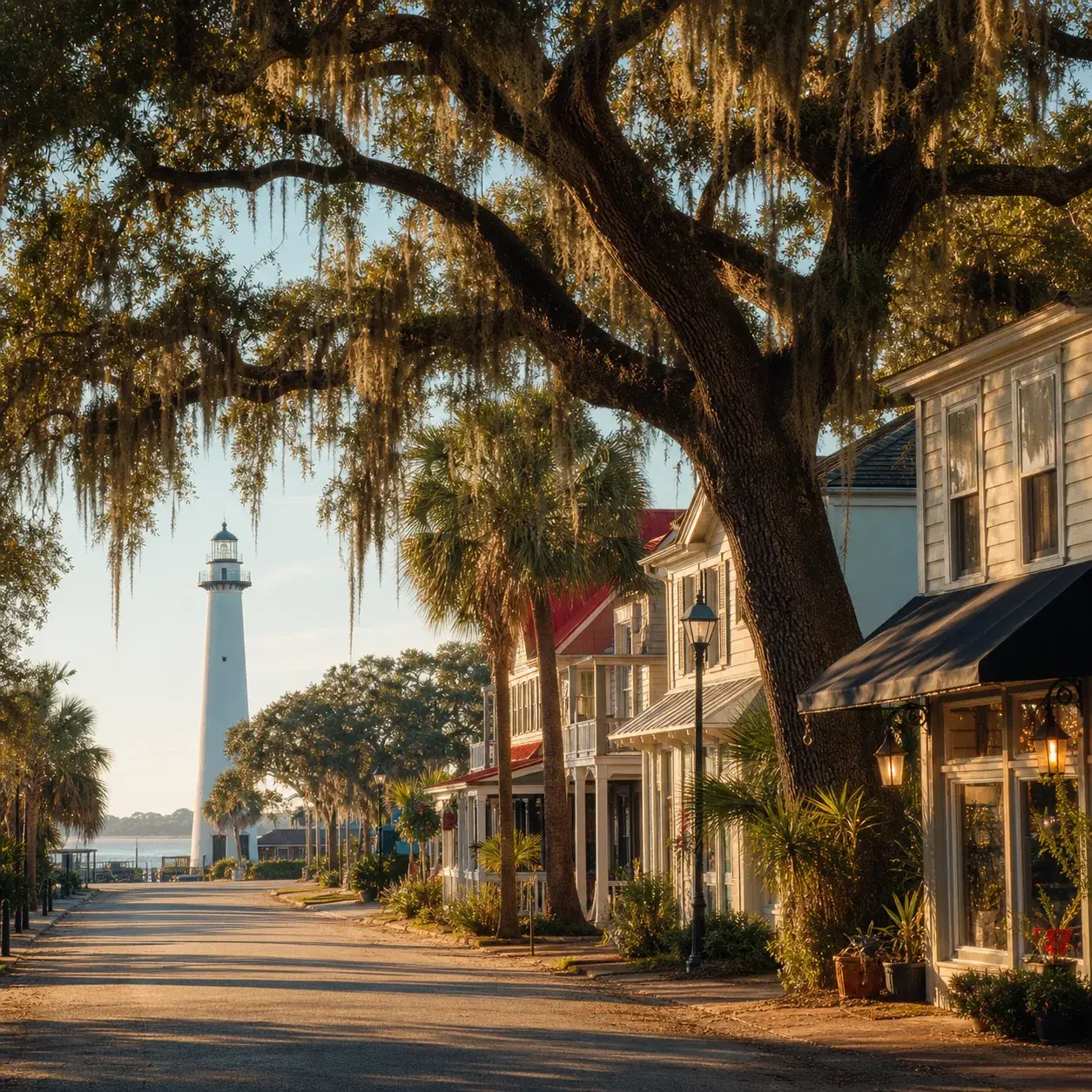 Realistic editorial photo of St. Simons Island Georgia with live oaks, coastal village shops, lighthouse view, and warm 