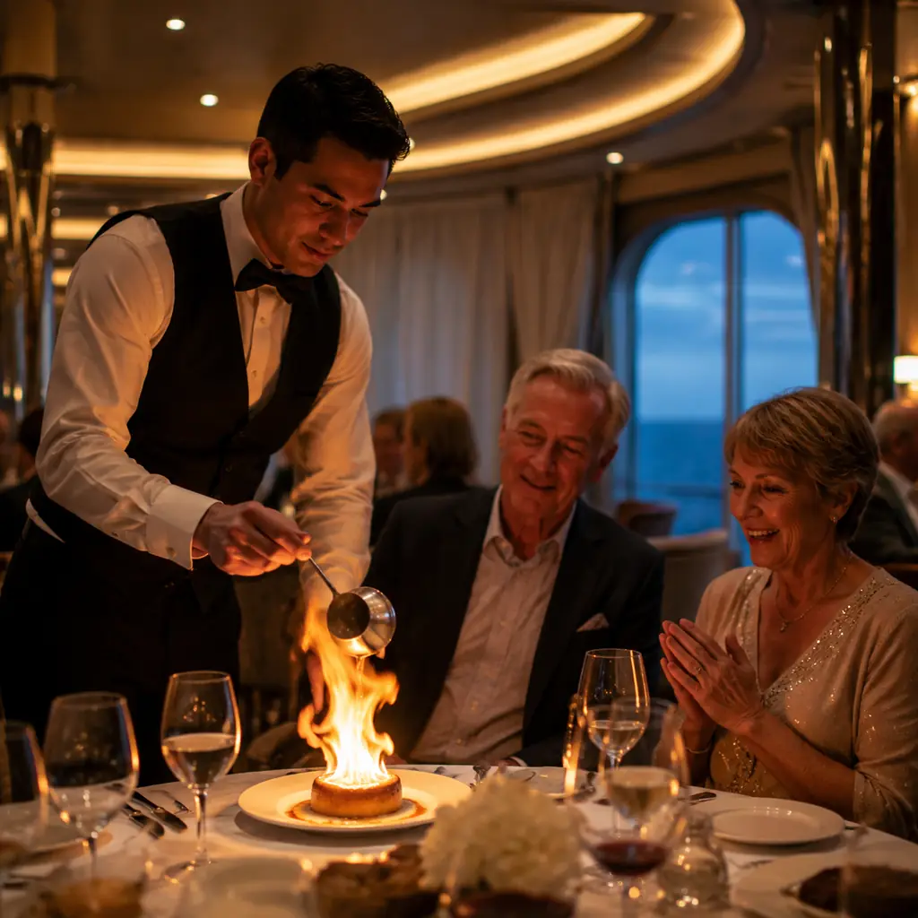 skilled dining room server carefully preparing a flaming dessert tableside for impressed mature cruise passengers, reali