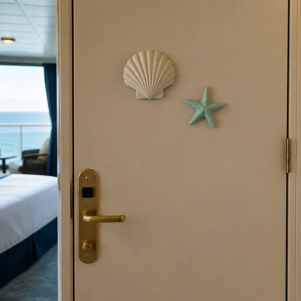 tastefully decorated cruise cabin door with two small flat magnets and no personal information, realistic travel editori