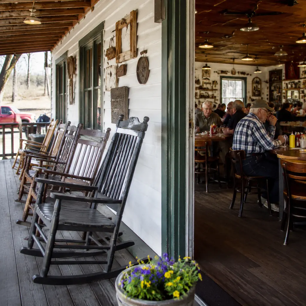 country style roadside restaurant porch with rocking chairs and a comfort food breakfast inside no branding, realistic t