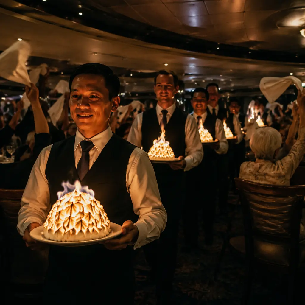 line of cruise dining room waiters carrying glowing baked Alaska desserts through a darkened dining room as passengers w