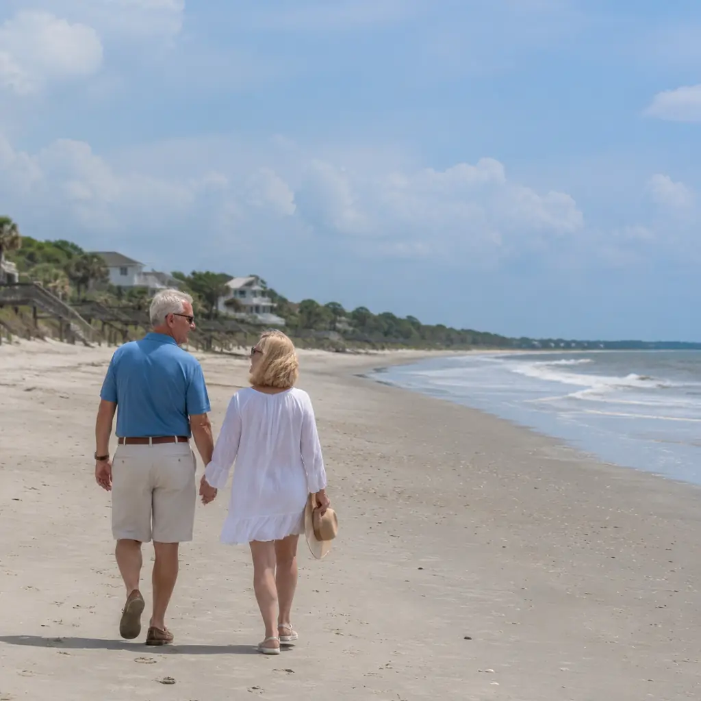 mature couple walking a broad uncrowded beach near low-rise homes at Edisto Beach South Carolina, realistic travel edito