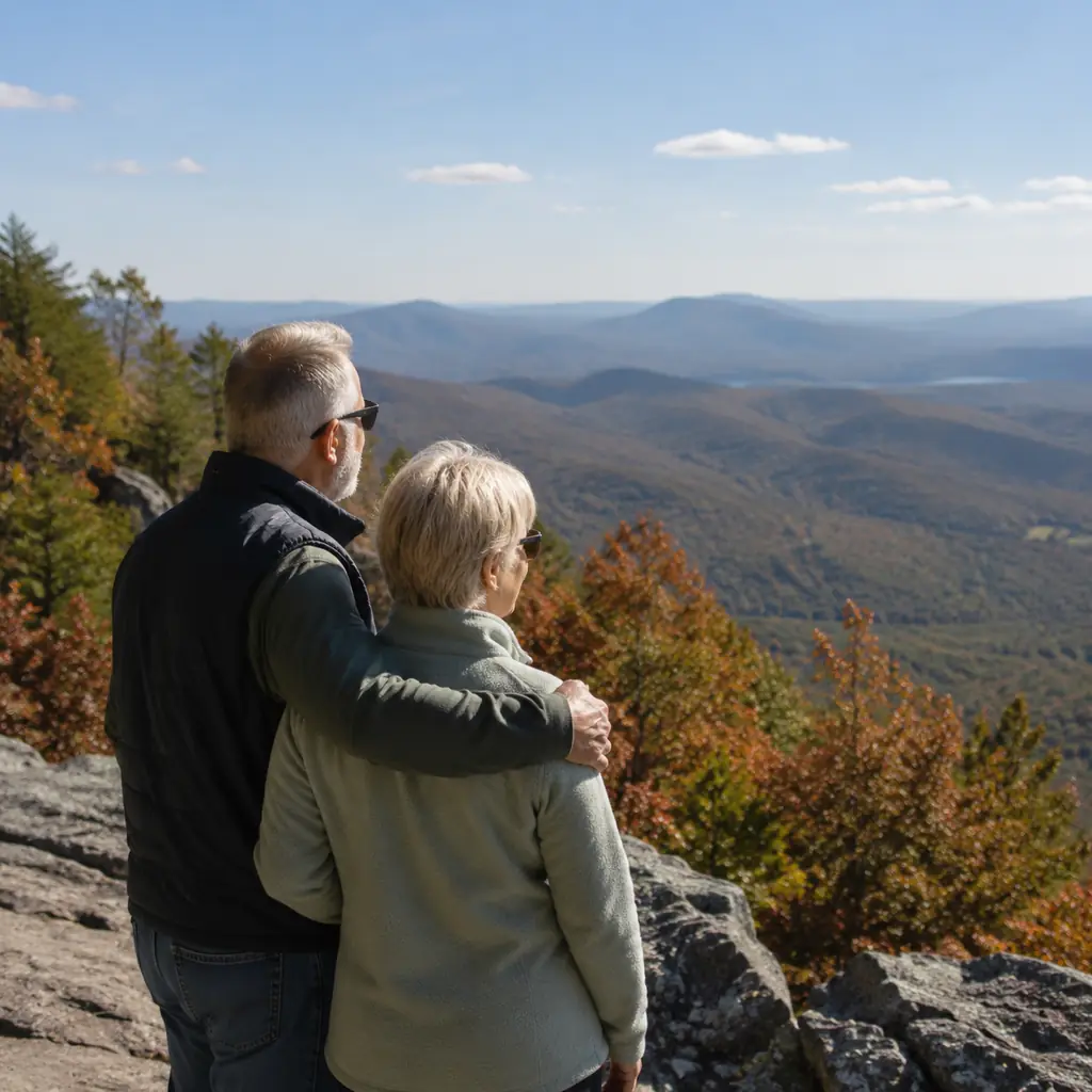 older couple at a broad Ouachita Mountain overlook on the Talimena Scenic Drive, realistic travel editorial photography,