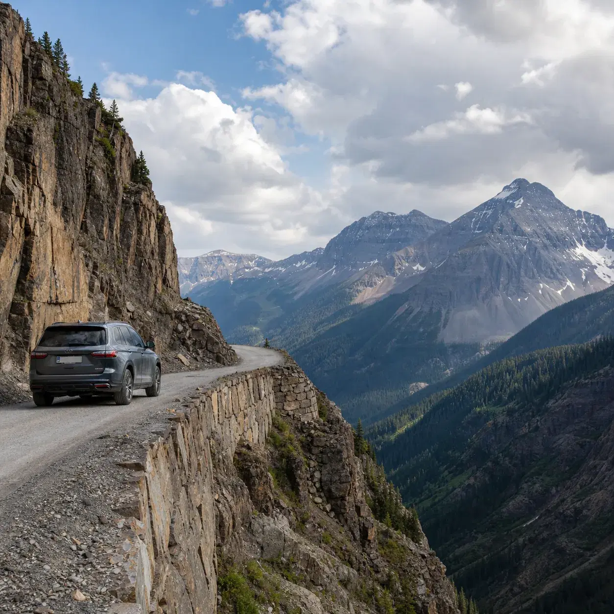 Realistic editorial photo of a dramatic Colorado mountain road with steep cliffs, distant peaks, and a cautious road tri