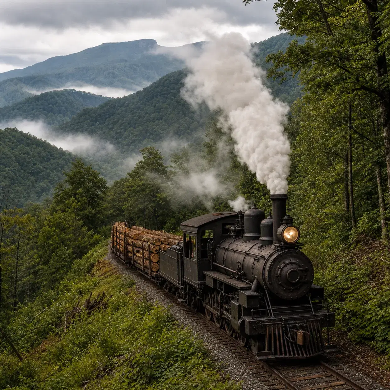 Realistic editorial photo of a historic steam logging train climbing through West Virginia mountain forest toward Bald K