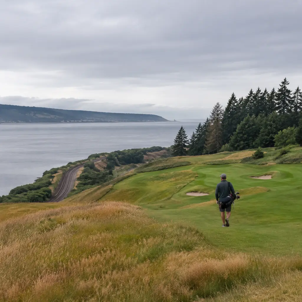 Realistic editorial photo of a Pacific Northwest golf course on rolling fescue hills above Puget Sound with walking golf