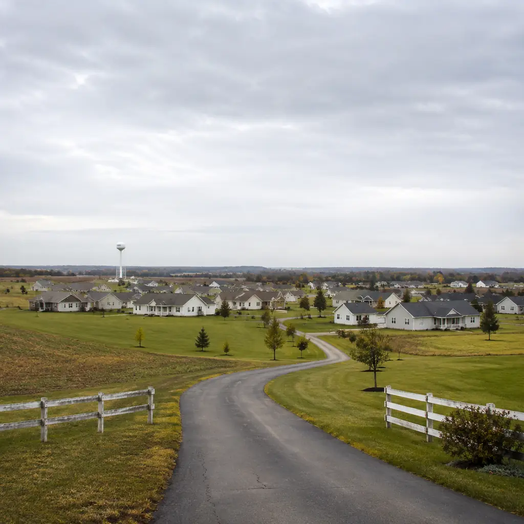 Realistic editorial photo of a rural Ohio retirement community surrounded by farm fields, long entrance drive, scattered