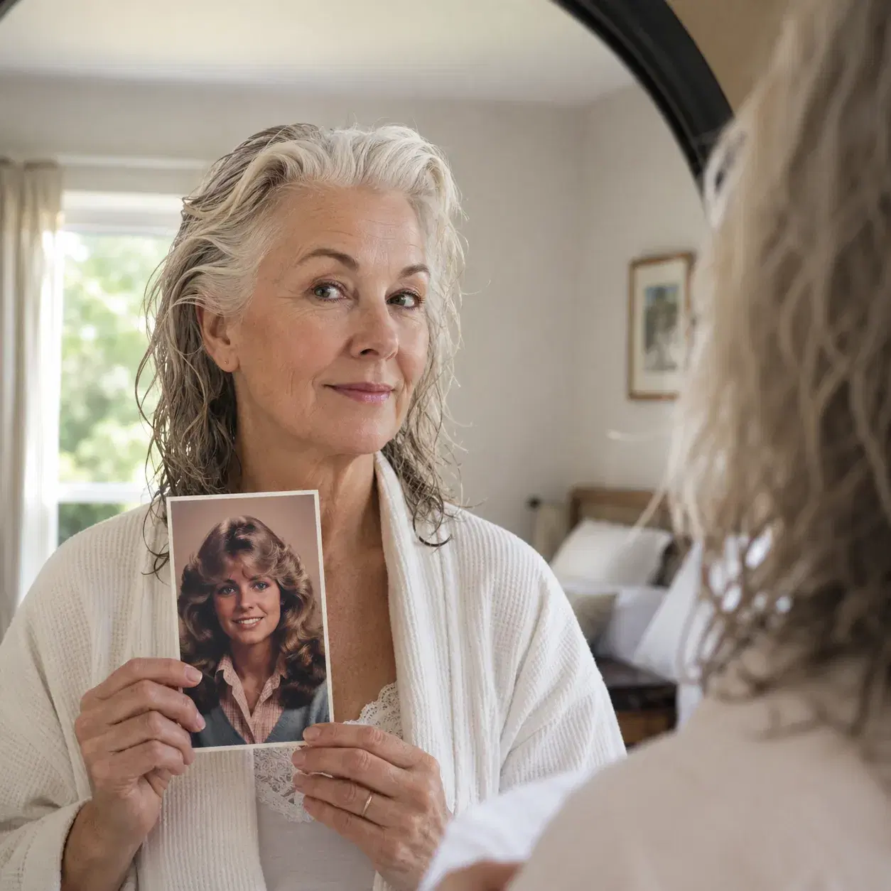 Realistic editorial photo of a woman over 50 holding an old hairstyle photo beside her current freshly washed hair in a