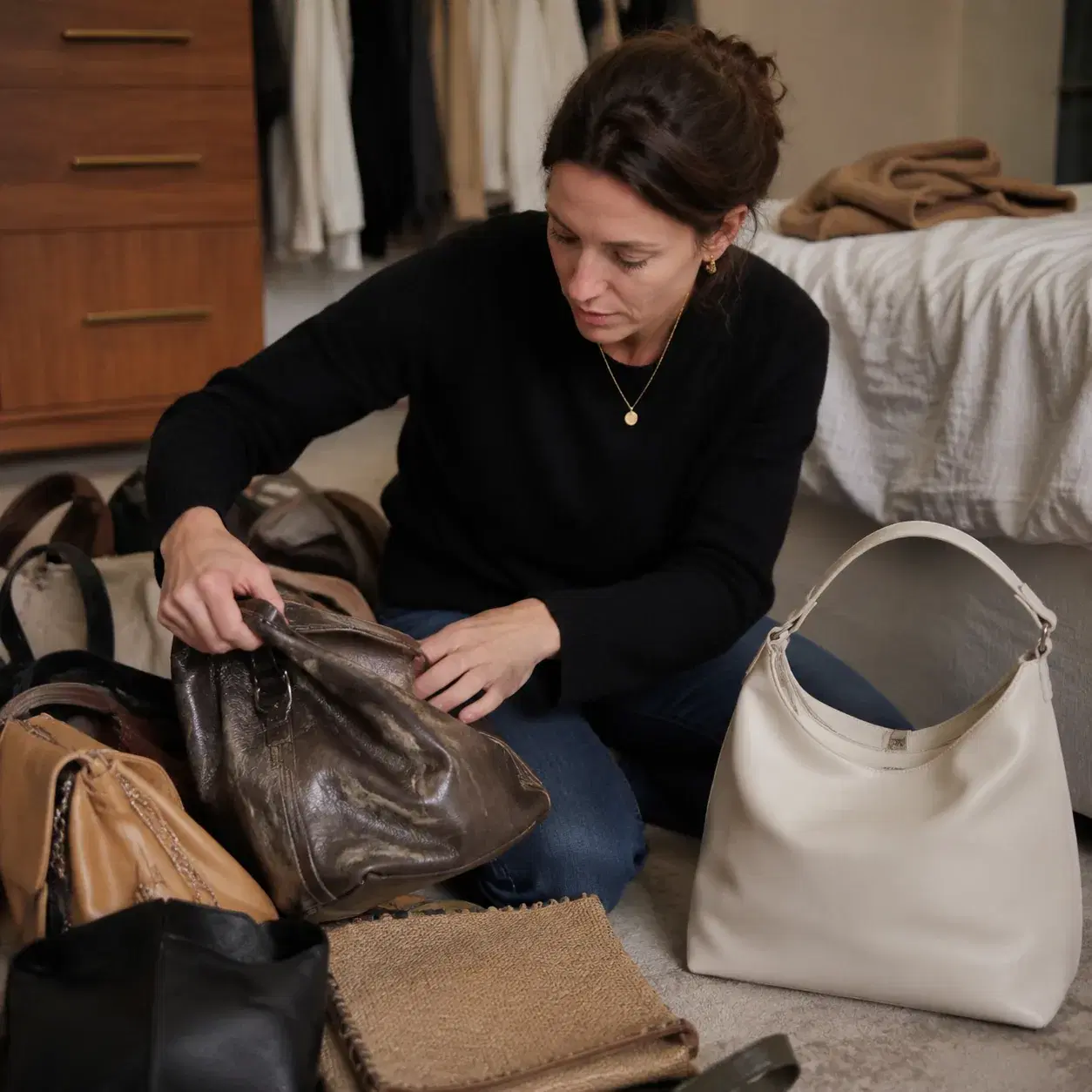 Realistic editorial photo of a woman sorting handbags on a bedroom floor with one worn expensive-looking bag set aside a