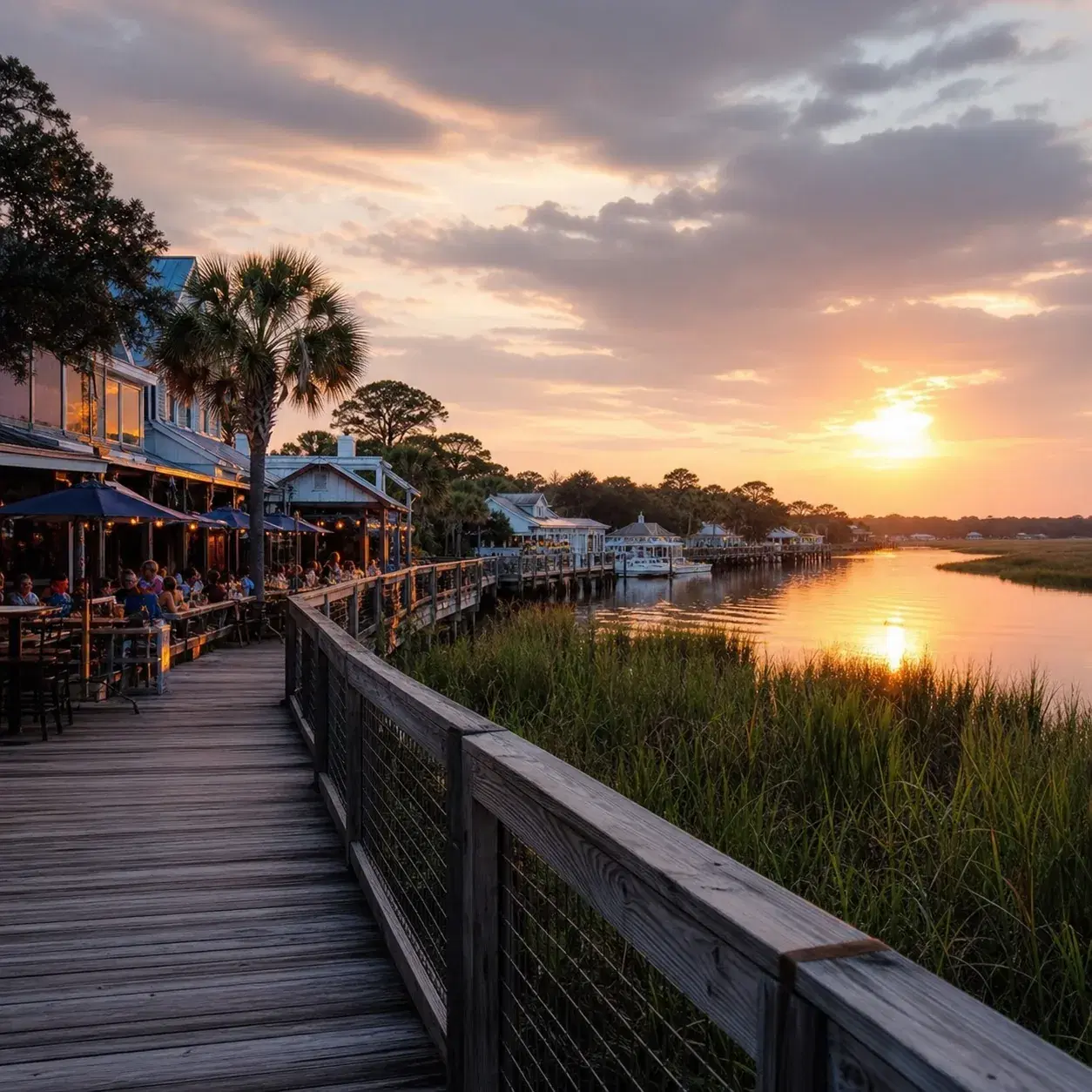 Realistic editorial photo of Murrells Inlet South Carolina marshwalk with wooden boardwalk, calm inlet water, seafood pa