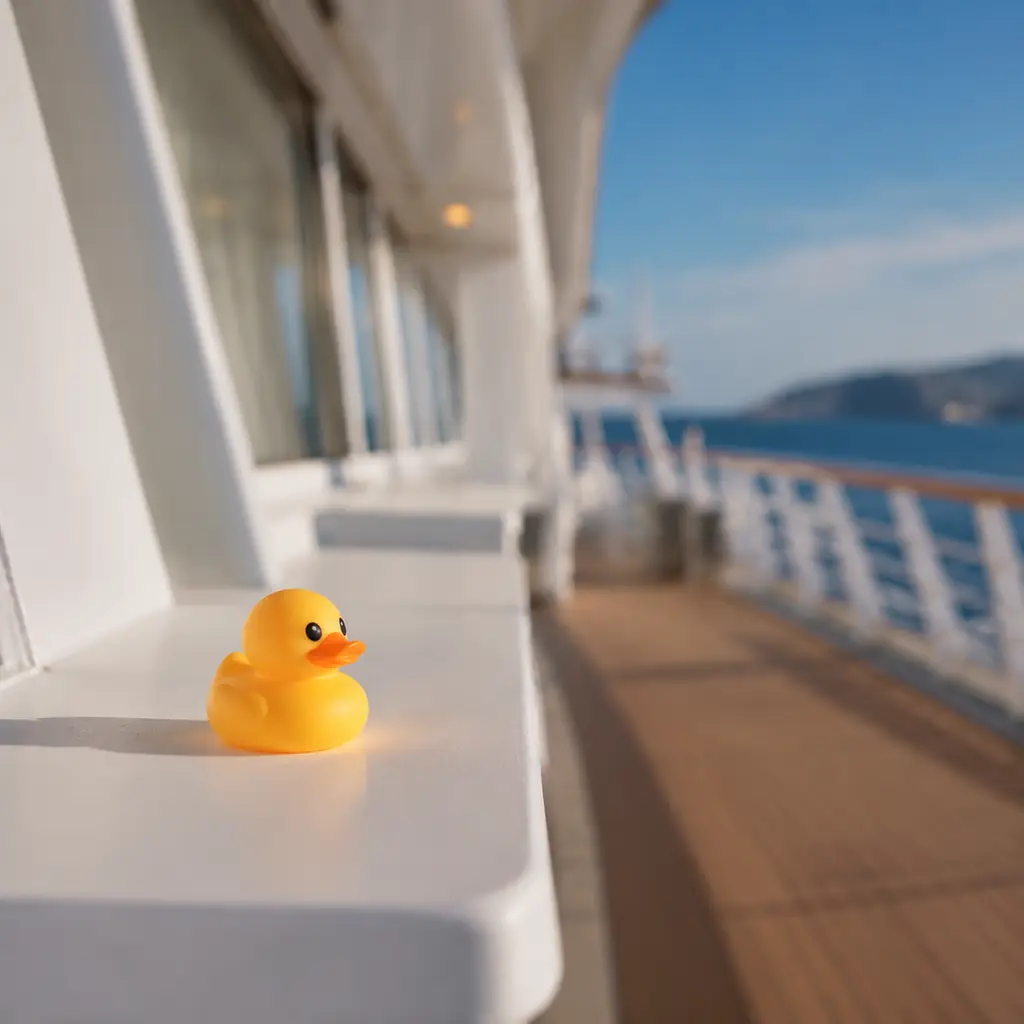 small toy duck placed safely on a wide cruise ship display shelf away from stairs and walkways, realistic travel editori