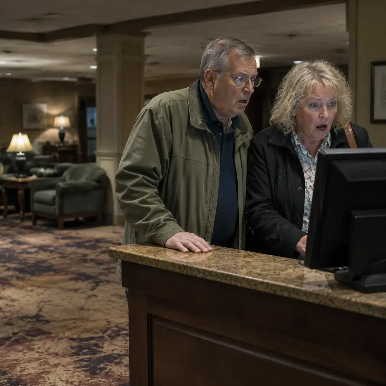 Tired Holiday Inn hotel lobby with stained carpet, dim lighting, outdated furniture, older American couple standing at c