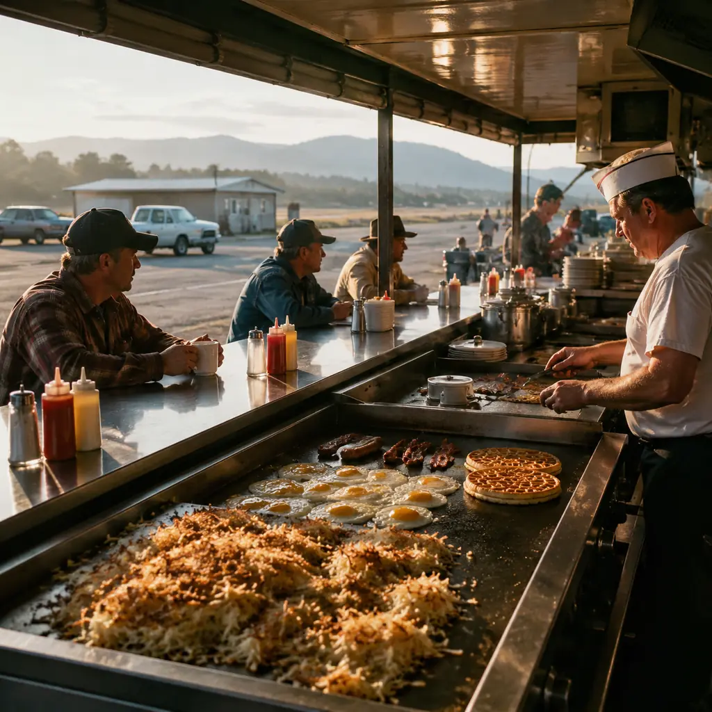 compact open grill roadside diner at dawn serving waffles eggs and hash browns with no logos, realistic travel editorial