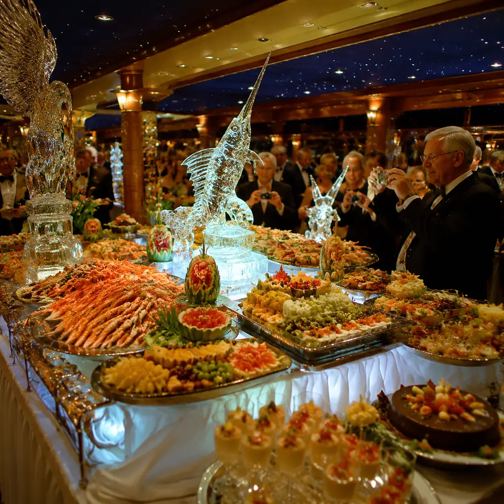elaborate old-style cruise midnight buffet with ice sculptures, fruit carvings, seafood displays, cakes, and formally dr