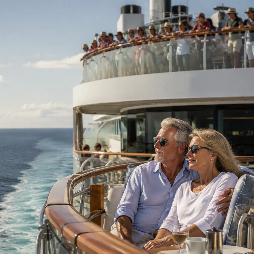 mature couple enjoying a quiet aft-deck sailaway while a crowded top deck is visible above, realistic travel editorial p
