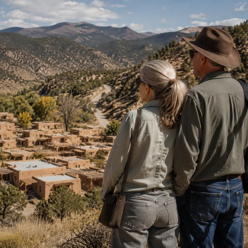 mature travelers overlooking an adobe village and mountain road on the High Road to Taos New Mexico, realistic travel ed
