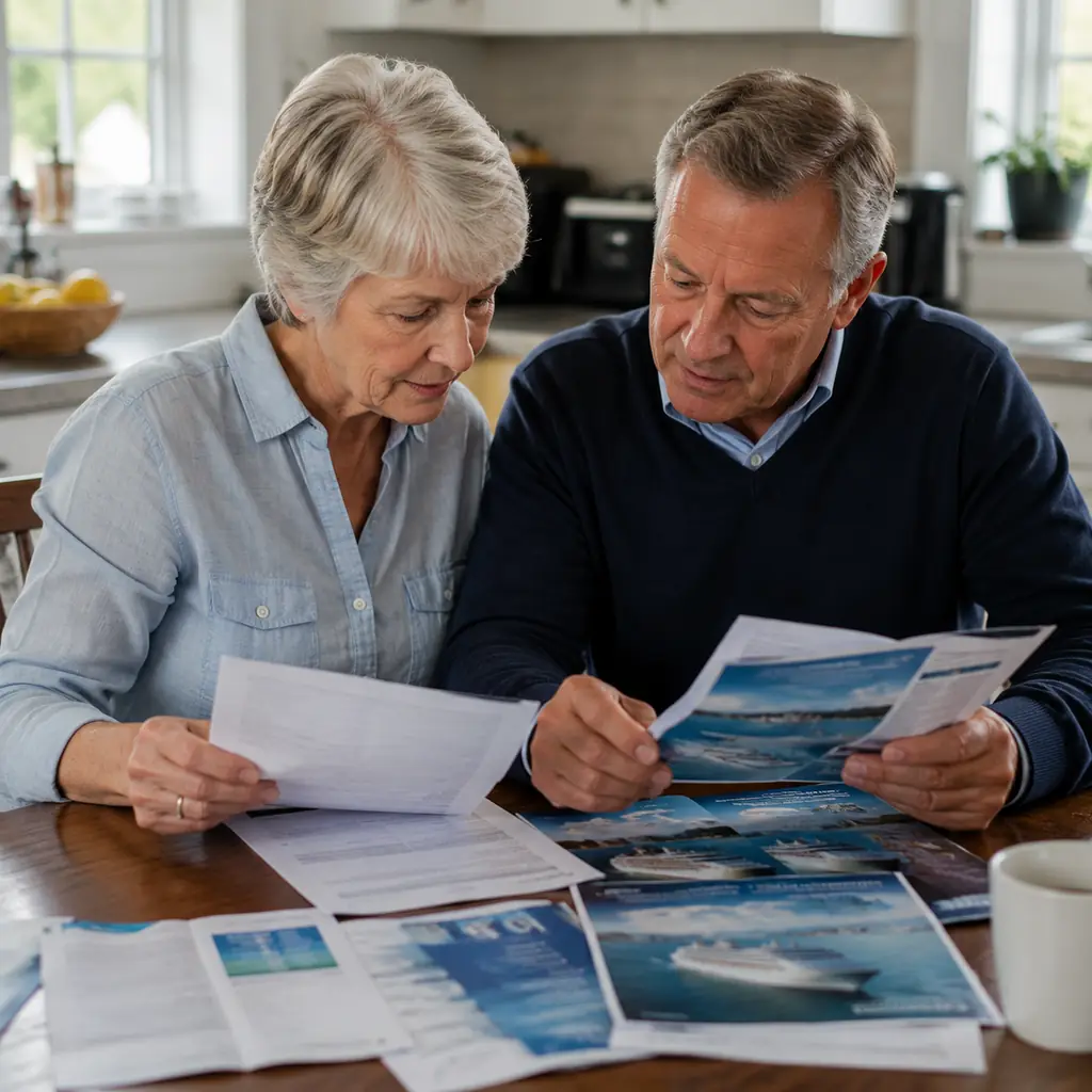 older couple comparing travel insurance documents with a cruise itinerary at a kitchen table with all text unreadable, r