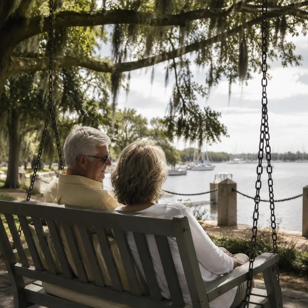 older travelers resting on a shaded waterfront swing in Beaufort South Carolina beneath live oaks, realistic travel edit