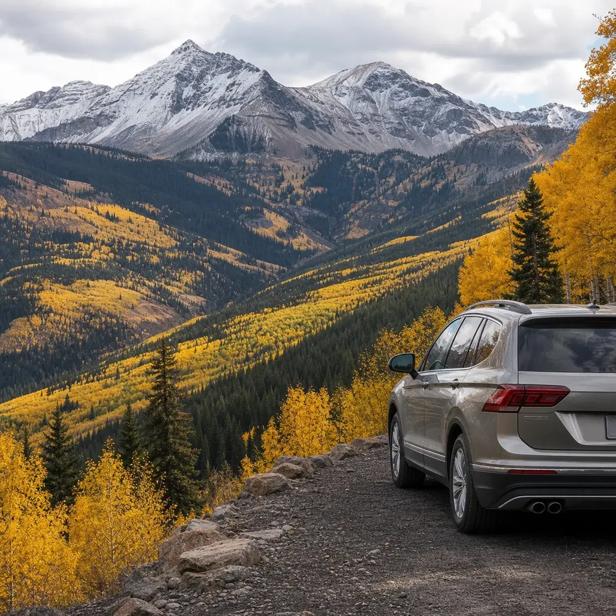 Realistic editorial photo of a Colorado scenic byway with golden aspens, snow-dusted peaks, and a parked car at a mounta