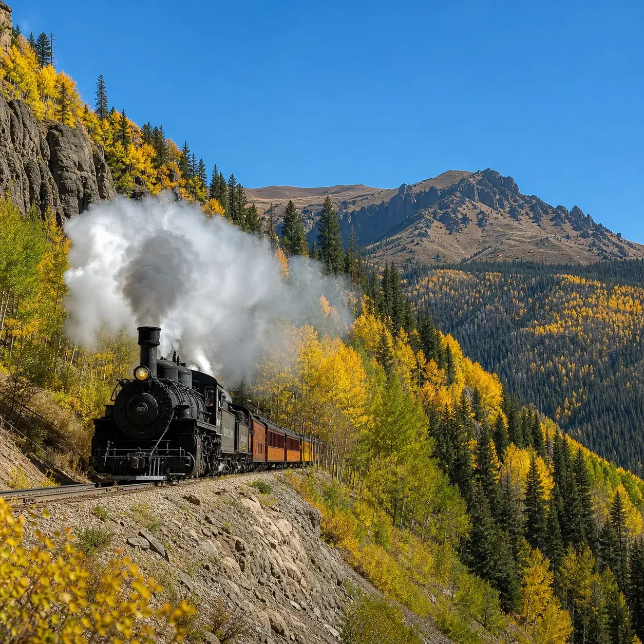 Realistic editorial photo of a steam train crossing high mountain country on the Cumbres and Toltec Scenic Railroad with