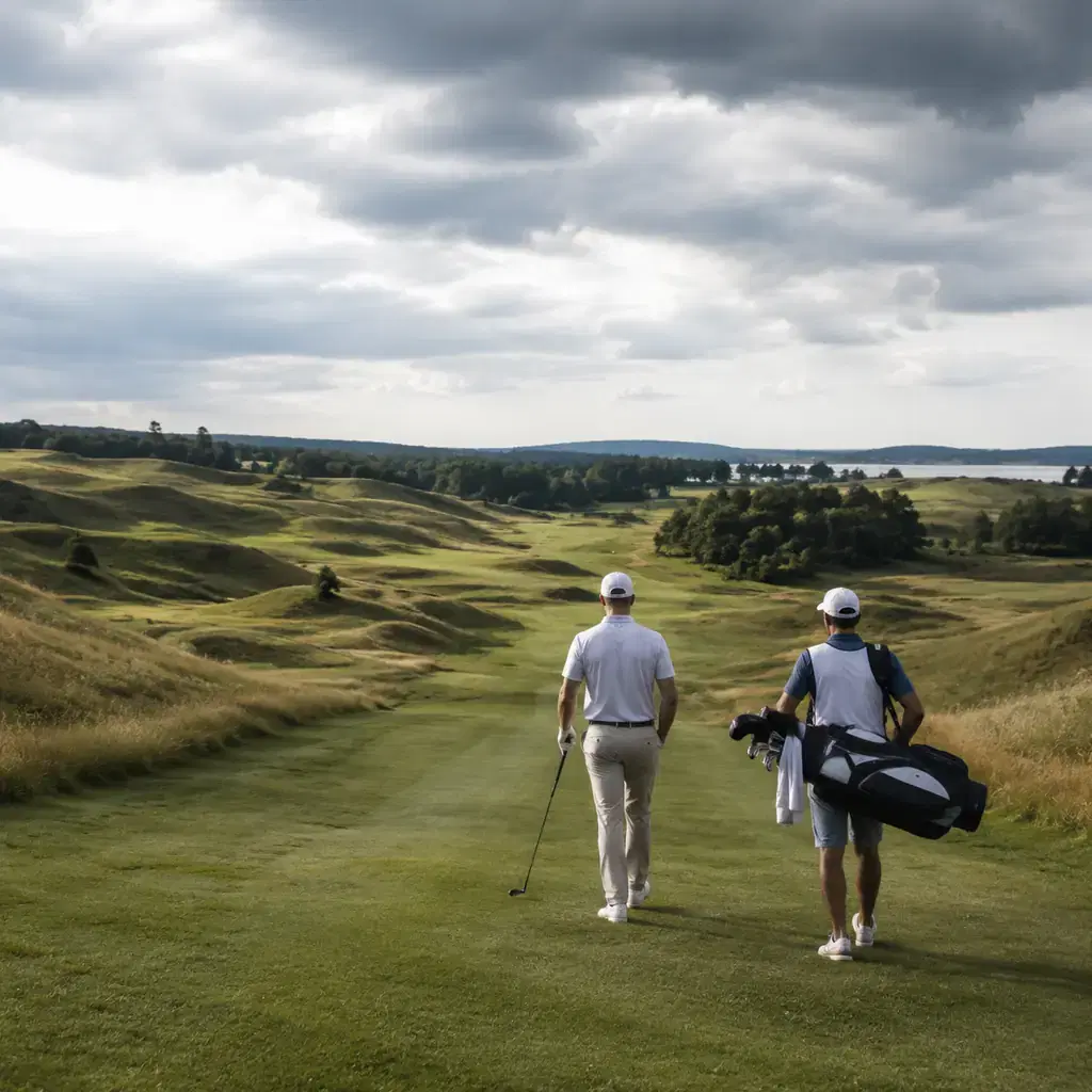 Realistic editorial photo of a walking style Wisconsin golf course with glacial hills, fescue, wide fairway, caddie besi