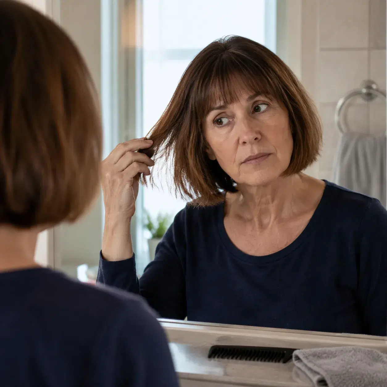 Realistic editorial photo of a woman over 50 noticing an uneven haircut shape after a quick budget trim, bathroom mirror