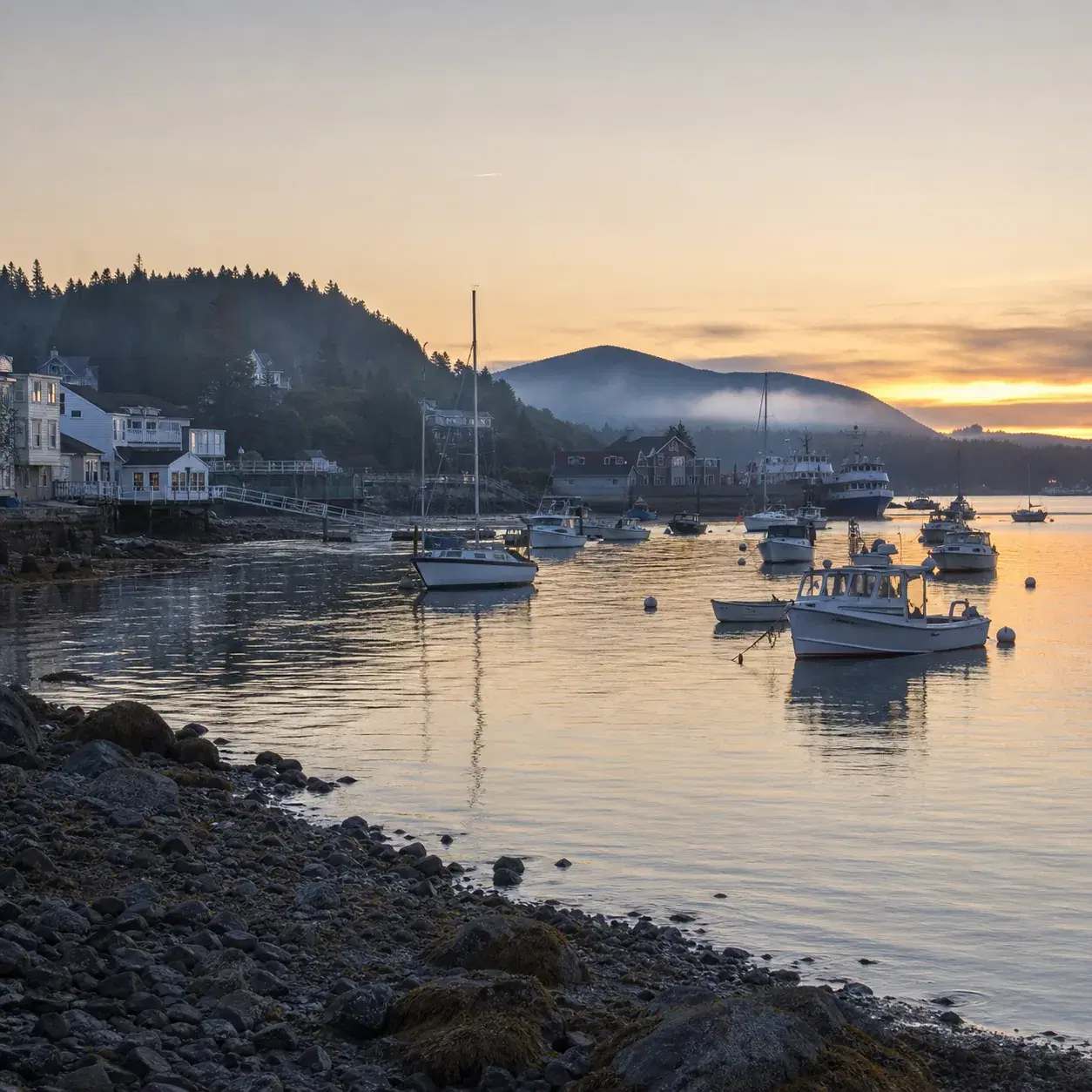 Realistic editorial photo of Bar Harbor Maine waterfront with small boats, rocky shoreline, evergreen hills, and cool su