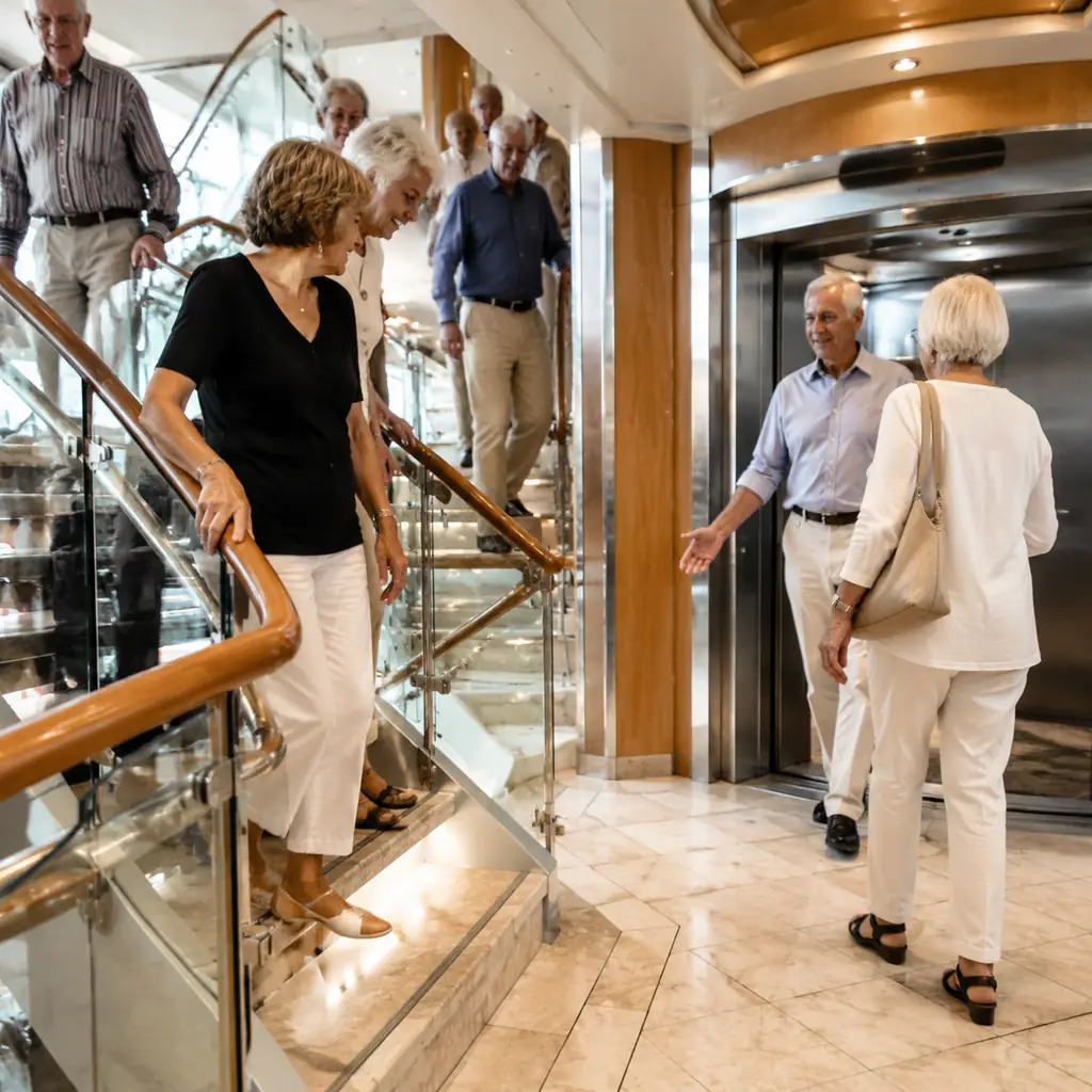 cruise ship stairwell and elevator lobby with courteous older passengers making room for one another, realistic travel e
