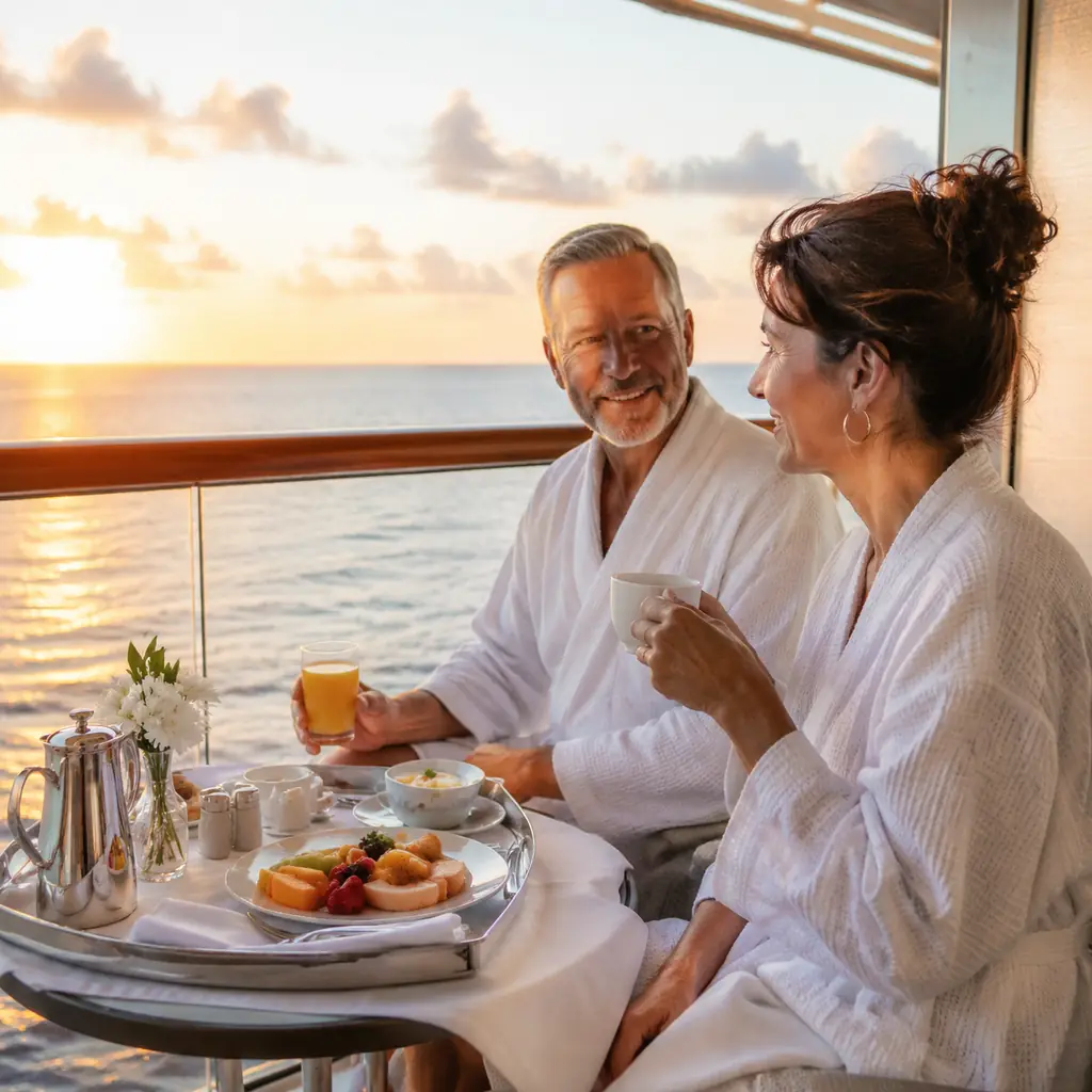 mature cruise couple enjoying a simple room-service breakfast tray on a private balcony at sunrise, realistic editorial 