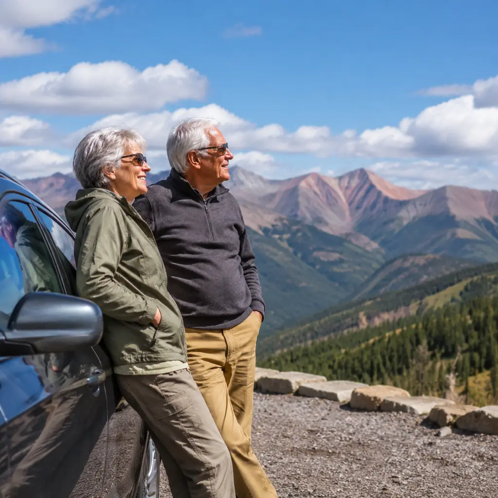 older road trippers at a safe mountain overlook on the San Juan Skyway Colorado with distant peaks, realistic travel edi