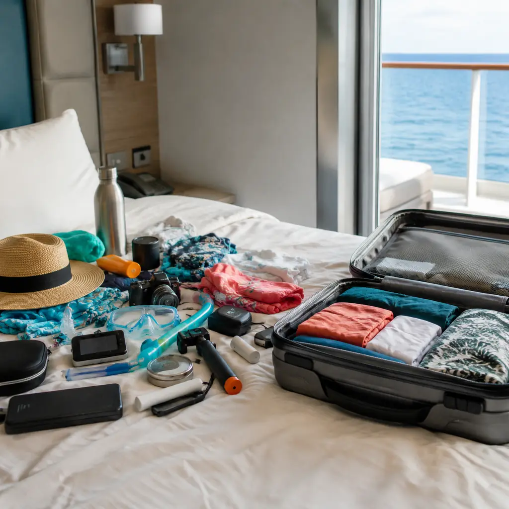 overfilled bed covered with cruise gadgets beside a concise neatly packed suitcase for a tropical sailing, realistic cru