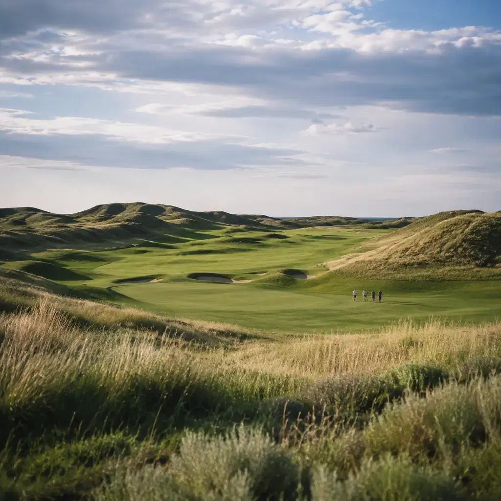 Realistic editorial photo of a remote Nebraska Sandhills golf course with huge rolling dunes, native grasses, wide fairw