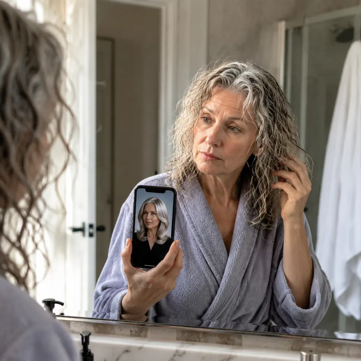 Realistic editorial photo of a woman over 50 comparing a smooth salon blowout photo on her phone with freshly washed nat