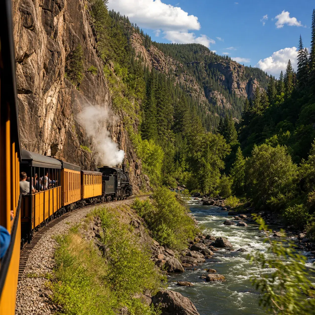Realistic editorial photo of the Durango and Silverton Narrow Gauge Railroad beside the Animas River in a steep Colorado