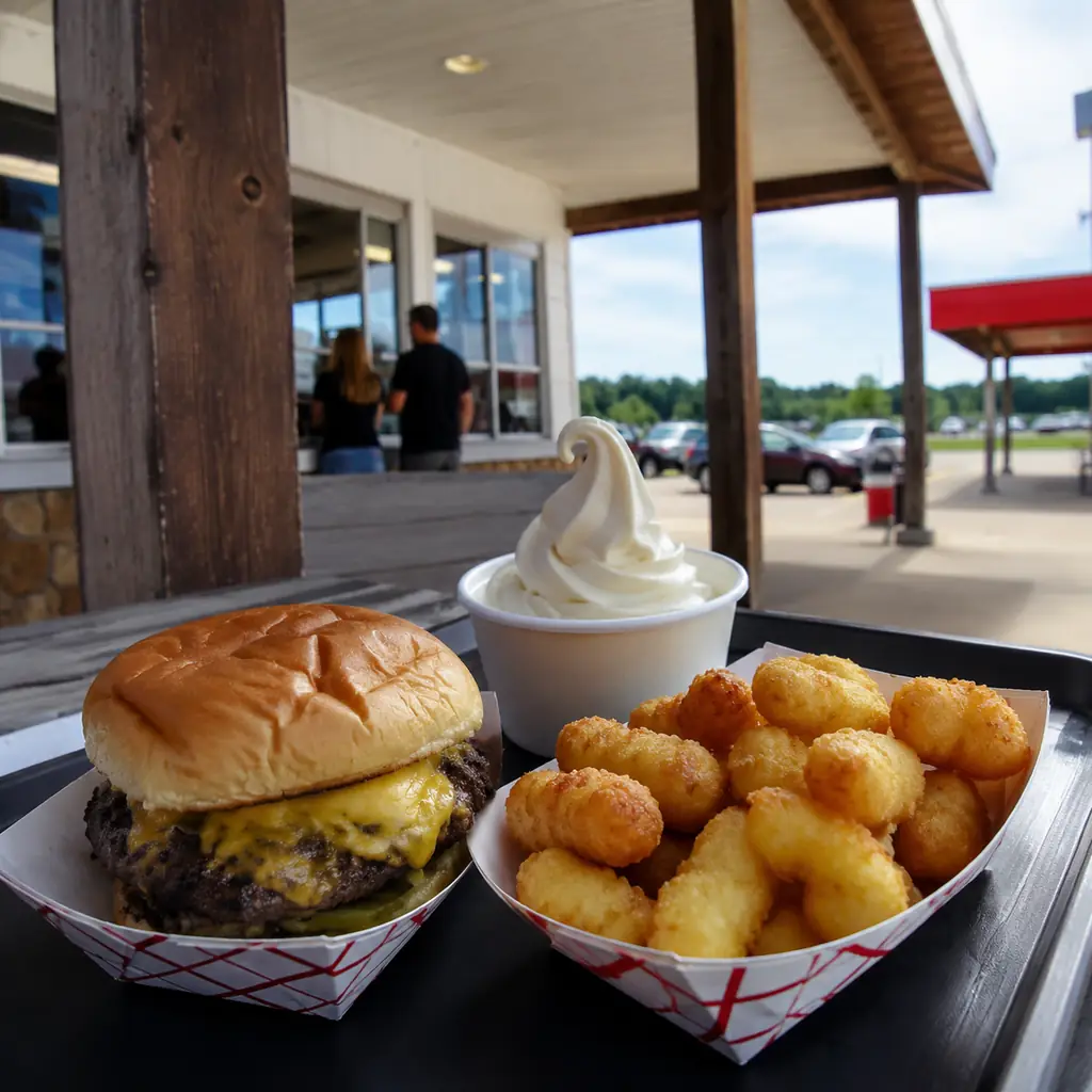 welcoming Midwestern roadside restaurant serving a butter burger cheese curds and small frozen custard no branding, real