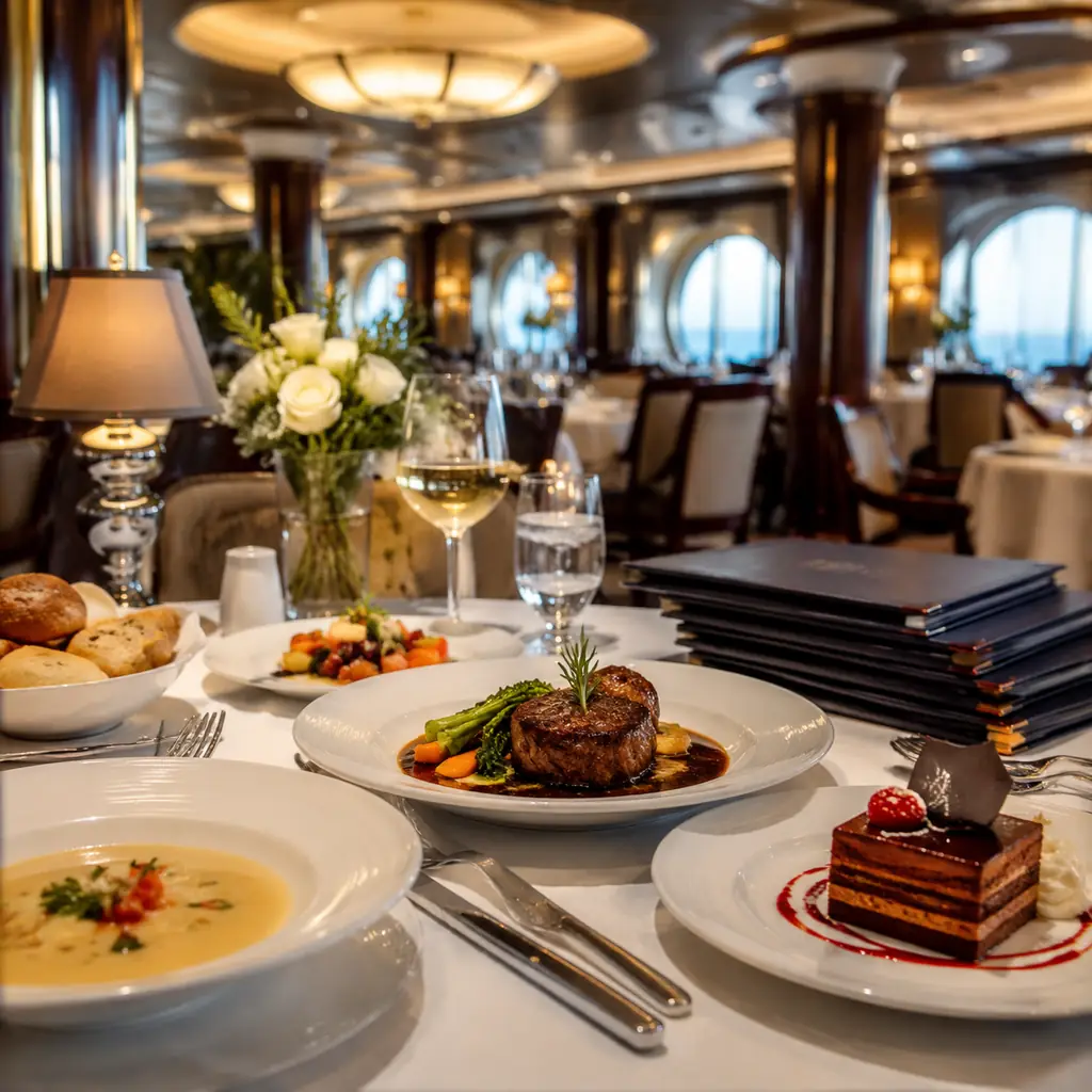 classic cruise main dining room table with an included multi-course meal in the foreground and a separate stack of premi