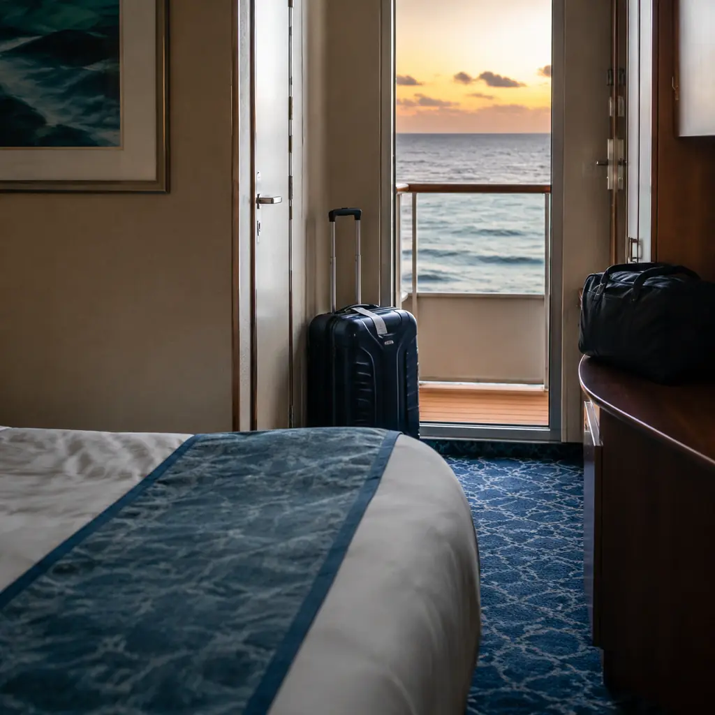 cruise cabin on final night with one tagged suitcase outside and a small essentials bag kept safely inside, realistic tr