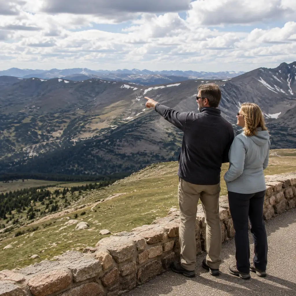 mature couple at an alpine overlook beside Trail Ridge Road Colorado with tundra and distant mountains, realistic travel