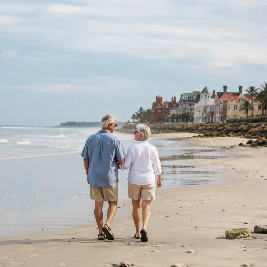 older couple walking a broad beach near Fernandina Beach Florida with a distant historic downtown feel, realistic travel
